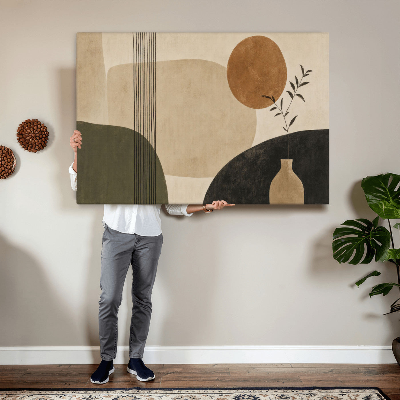29113684-MGV-CV-36X24 - Japandi Minimalist Abstract Wall Art Canvas Print, Sage Green and Terracotta Sun Botanical Painting Print