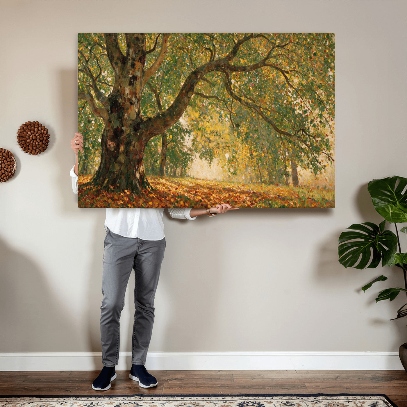 52555601-MGV-CV-36X24 - Claude Monet Style The Bodmer Oak Fontainebleau Forest Wall Art Canvas Print, Autumn Landscape Painting Print