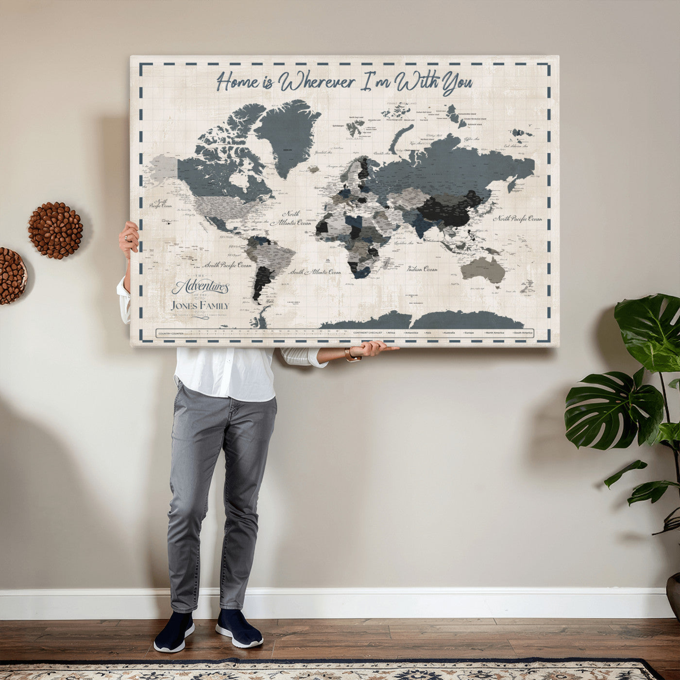 400867164-MGV-CV-36X24 - Framed Blue Custom Push Pin World Map Canvas Print – Personalized Travel Map Wall Art