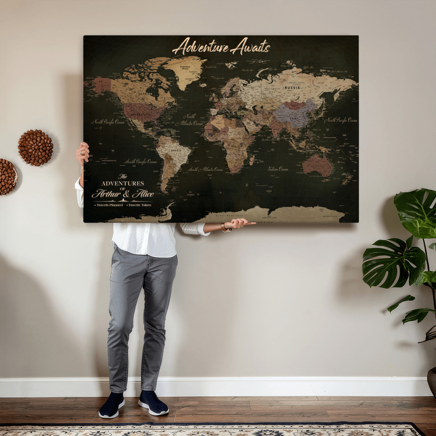 46935759-MGV-CV-36X24 - Custom Push Pin World Map Canvas | Personalized Travel Tracker | Wedding Anniversary Gift for Couples | Adventure Map Wall Art with Pins