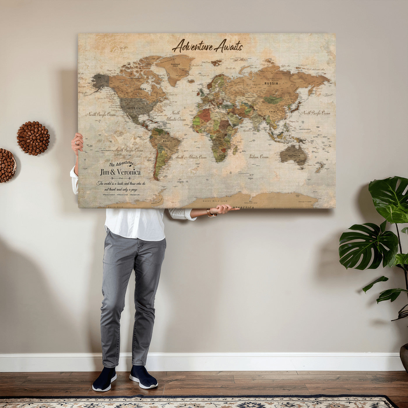 51298056-MGV-CV-36X24 - Custom Push Pin World Map Canvas | Personalized Travel Tracker | Wedding Anniversary Gift for Couples | Adventure Map Wall Art with Pins