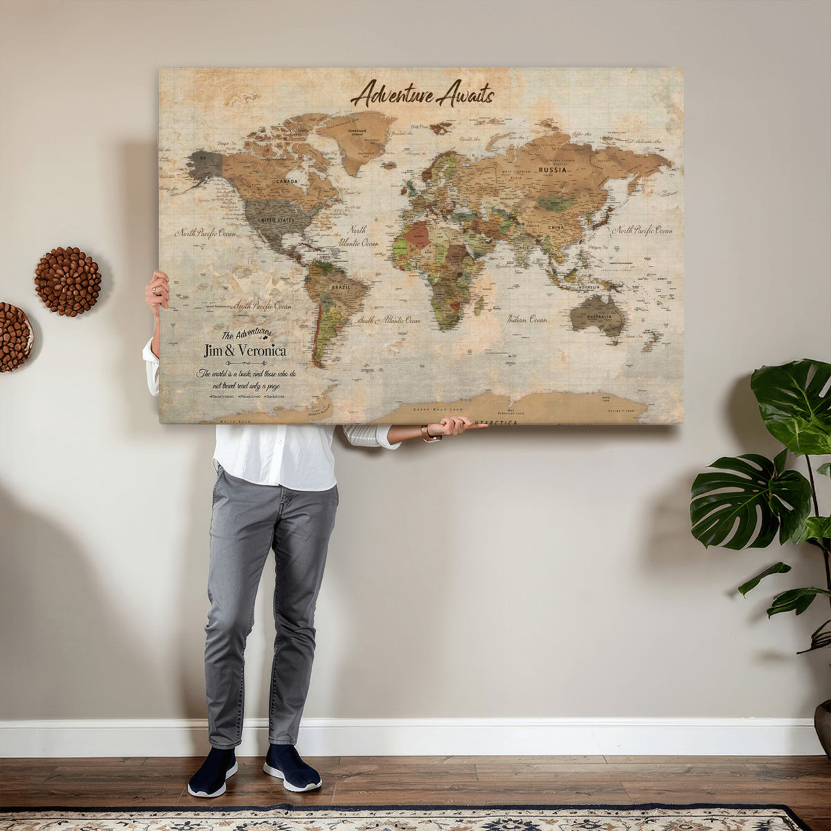 51298056-MGV-CV-36X24 - Custom Push Pin World Map Canvas | Personalized Travel Tracker | Wedding Anniversary Gift for Couples | Adventure Map Wall Art with Pins