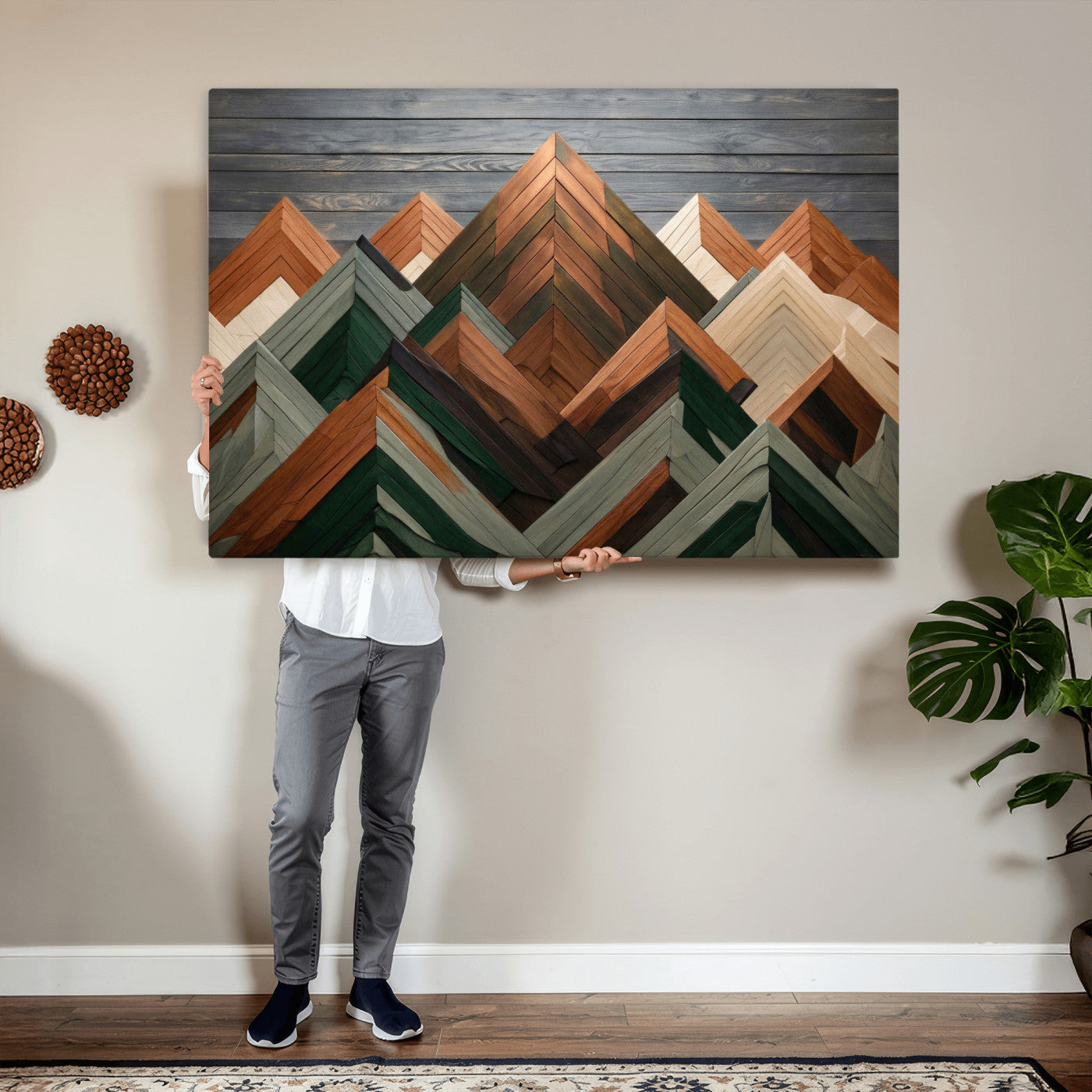 84617347-MGV-CV-36X24 - Geometric Wood Mountain Wall Art Canvas Print, 3D Look Rustic Mosaic Landscape Print
