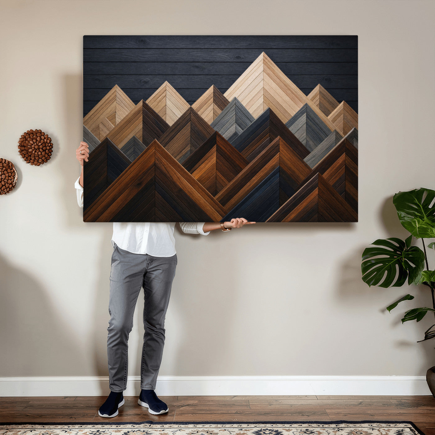 70531117-MGV-CV-36X24 - Geometric Wood Mountain Wall Art Canvas Print, 3D Look Rustic Mosaic Landscape Print