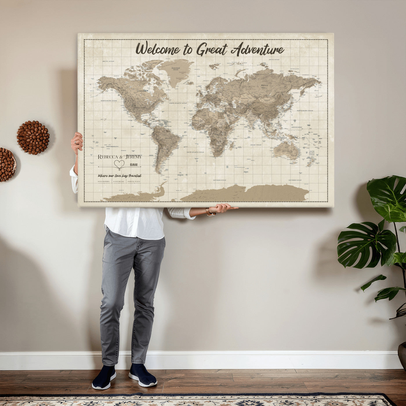 51180020-MGV-CV-36X24 - Custom Push Pin Travel Map Canvas Print, Cream Personalized Travel Tracker Map, Anniversary Gift, Vintage World Map Wall Art