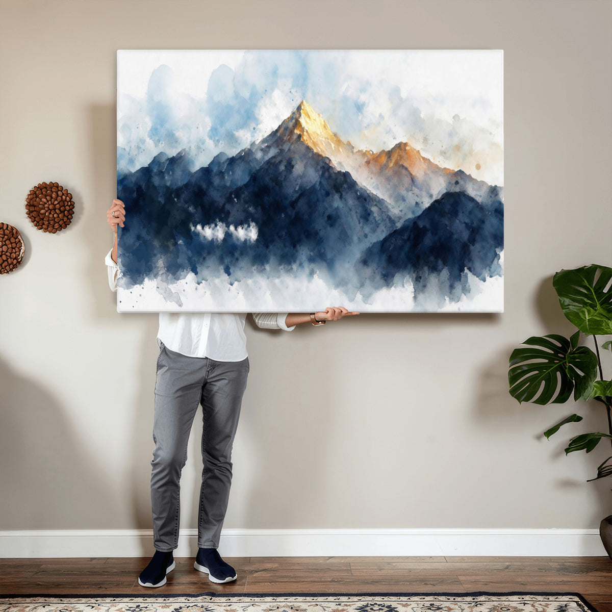 62076449DG1-MGV-CV-36X24 - Abstract Watercolor Mountain Lake Wall Art Print for Living Room Decor