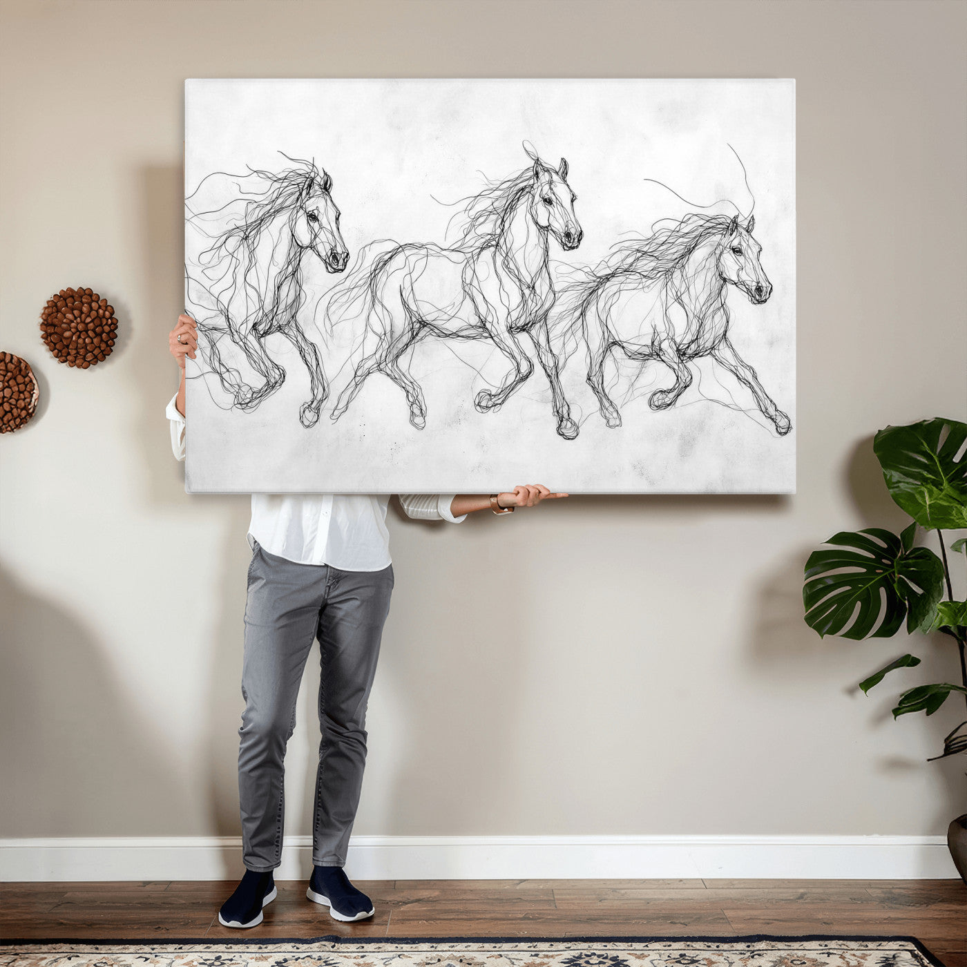 53600119-MGV-CV-36X24 - Monochrome Horse Canvas Wall Art, Black Ink Sketch Wild Horses Print, Minimalist Equestrian Artwork, Modern Abstract Line Decor, Urban Loft Gift