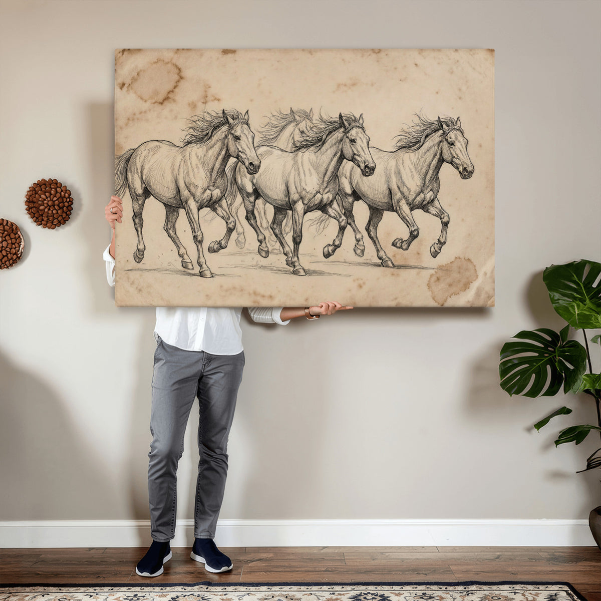 56046981-MGV-CV-36X24 - Sepia Wild Horses Canvas Art, Antique Pencil Drawing Print, Vintage Gallery Wall Decor, Rustic Equestrian Artwork, Traditional Den Gift