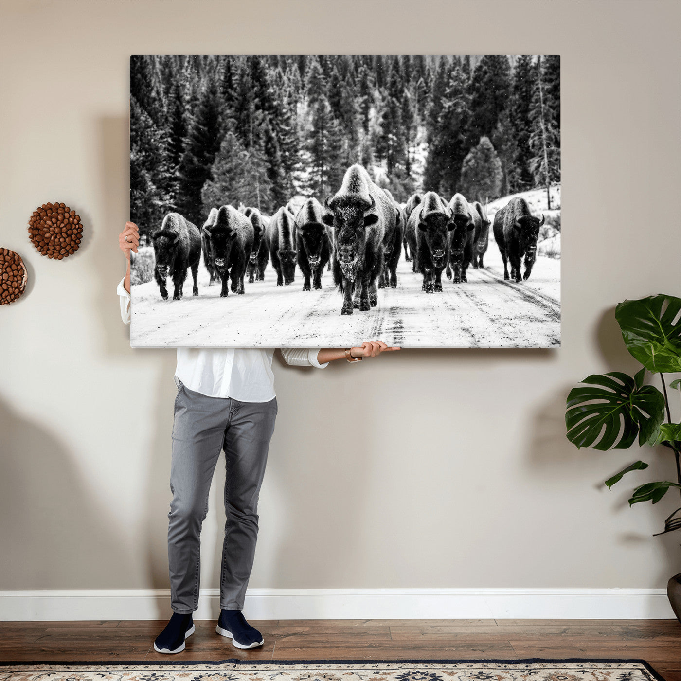 79337077-MGV-CV-36X24 - Black and White Bison Canvas Art, American Buffalo Print, Winter Wildlife Photography, Rustic Forest Wall Decor, Large Statement Nature Gift