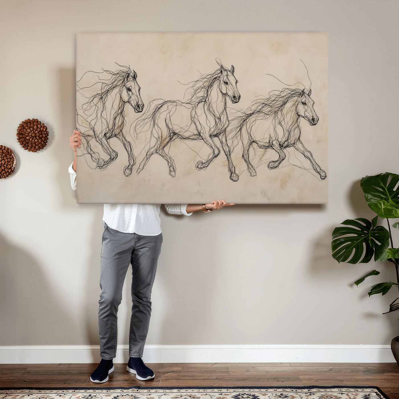 81051673-MGV-CV-36X24 - Abstract Horse Line Art Canvas, Gesture Sketch Wild Horses Print, Modern Scribble Artwork, Minimalist Equine Wall Decor, Rustic Studio Gift