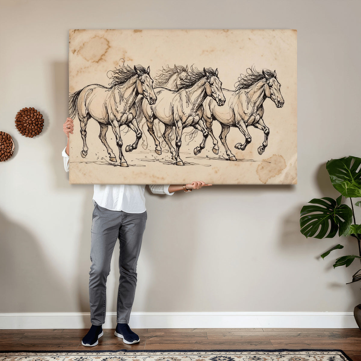 18242163-MGV-CV-36X24 - Vintage Horse Sketch Canvas Wall Art, Wild Horses Pencil Drawing Print, Antique Parchment Western Decor, Equine Sketching, Country Manor Gift