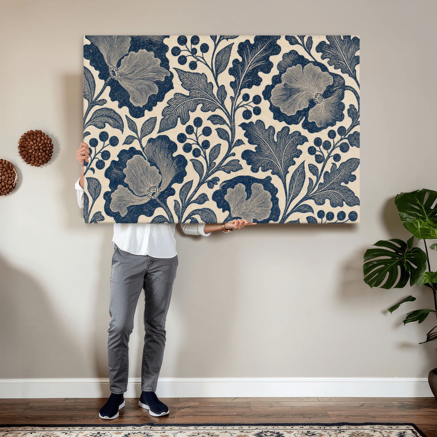 23824002-MGV-CV-36X24 - William Morris Style Navy Blue Floral Wall Art Canvas Print, Vintage Cream Botanical Painting Print