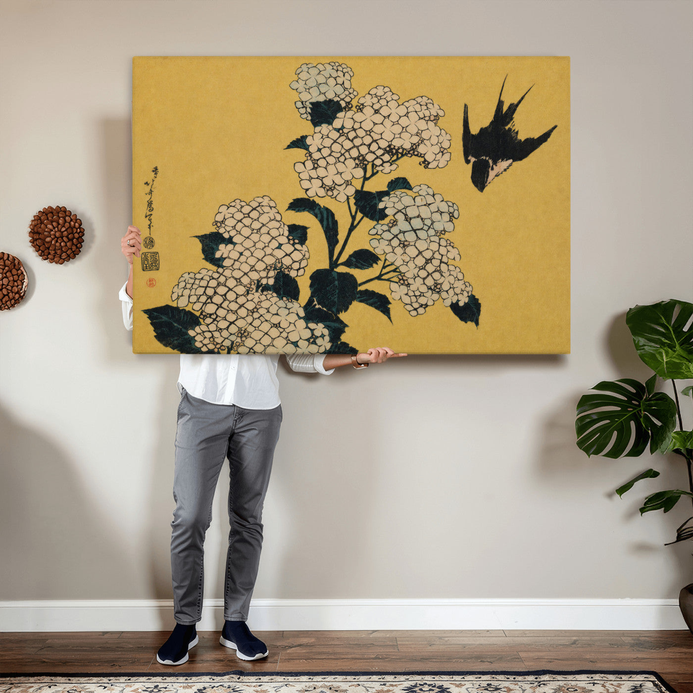 92483501-MGV-CV-36X24 - Katsushika Hokusai Hydrangea and Swallow Wall Art Canvas Print, Japanese Woodblock Painting Print