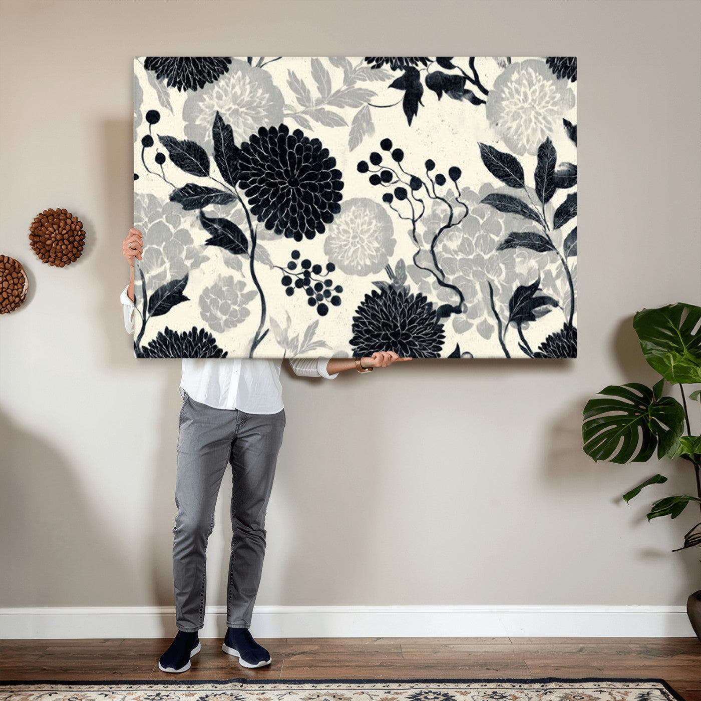 61524791-MGV-CV-36X24 - Vintage Black Chrysanthemum Wall Art Canvas Print, Monochrome Dhalia Floral Painting Print
