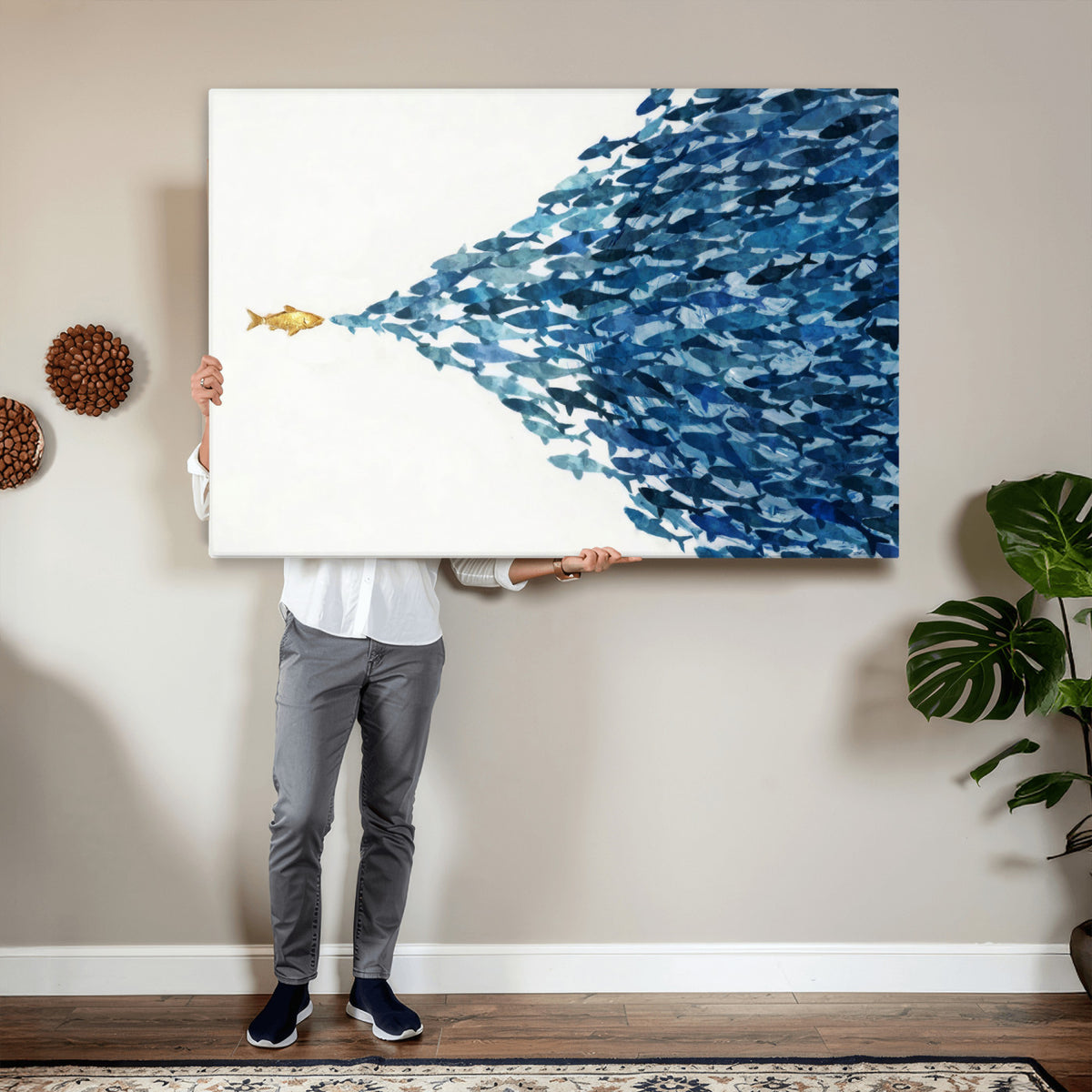 79089639-MGV-CV-36X24 - Abstract Blue Fish School Canvas Wall Art, Gold Foil Accent Marine Print