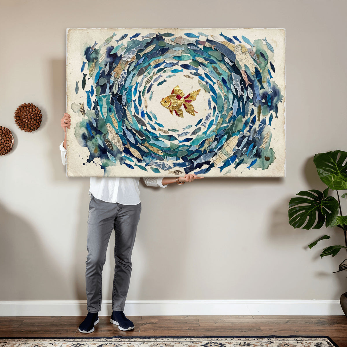 73165663-MGV-CV-36X24 - Mixed Media Blue Fish Swirl Canvas Wall Art, Goldfish Collage Ocean Print