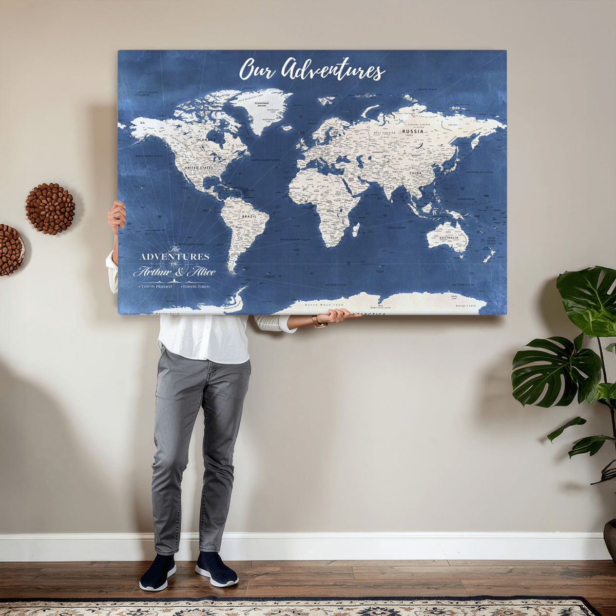 75405527-MGV-CV-36X24 - Extra Large Framed Personalize Push Pin World Map Wall Art Canvas Print for Travel Tracking