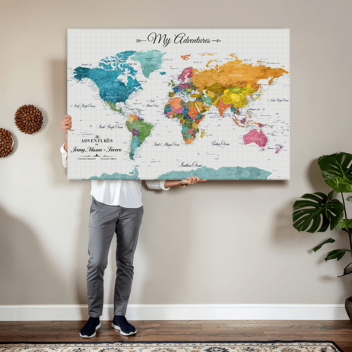 66743043-MGV-CV-36X24 - Extra Large Framed Personalize Push Pin World Map Wall Art Canvas Print for Travel Tracking