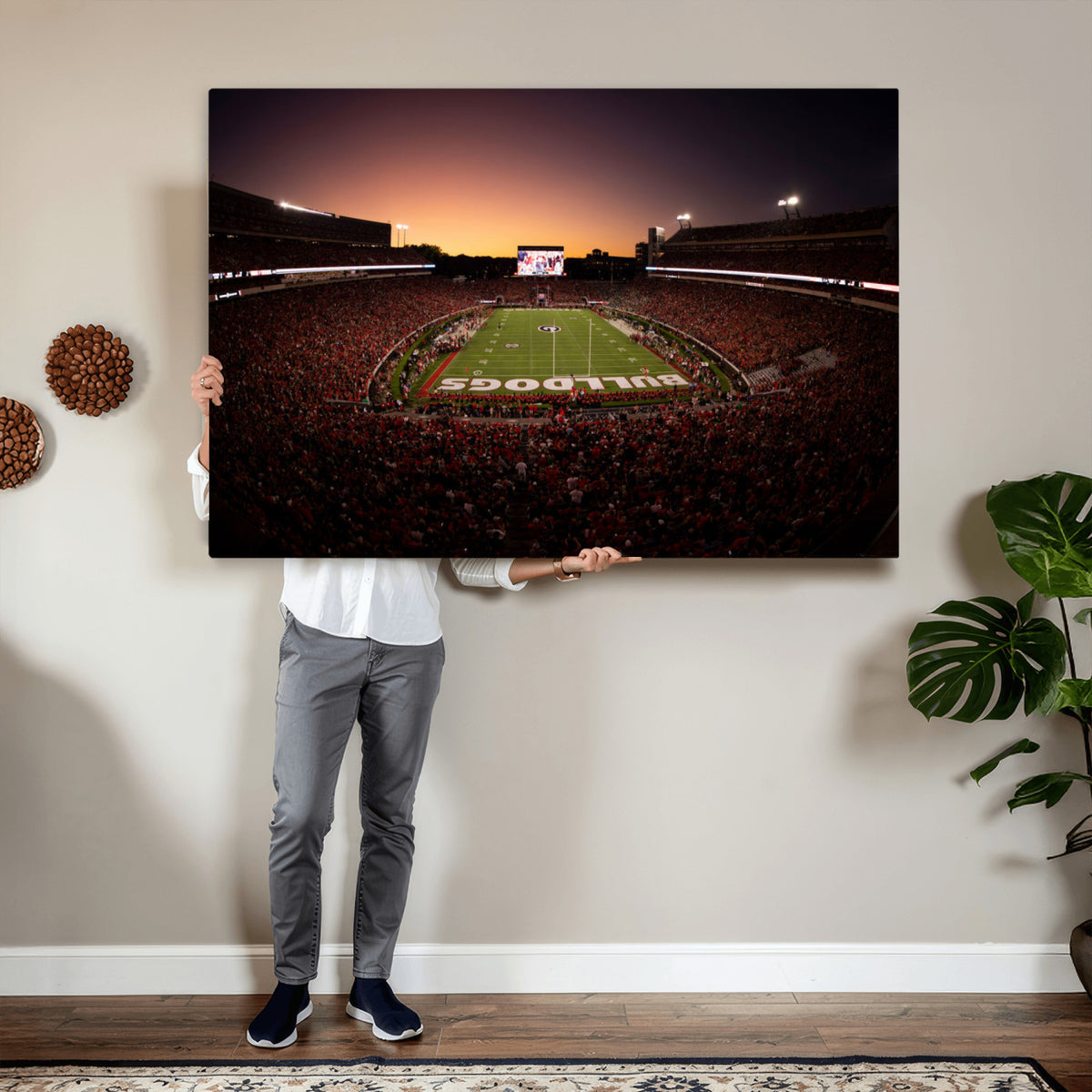 97720998-_Poster-30x20 - Georgia Bulldogs Stadium Sunset Canvas Print 3 Piece Framed Wall Art Extra Large Floating Frame Sports Poster Made in USA