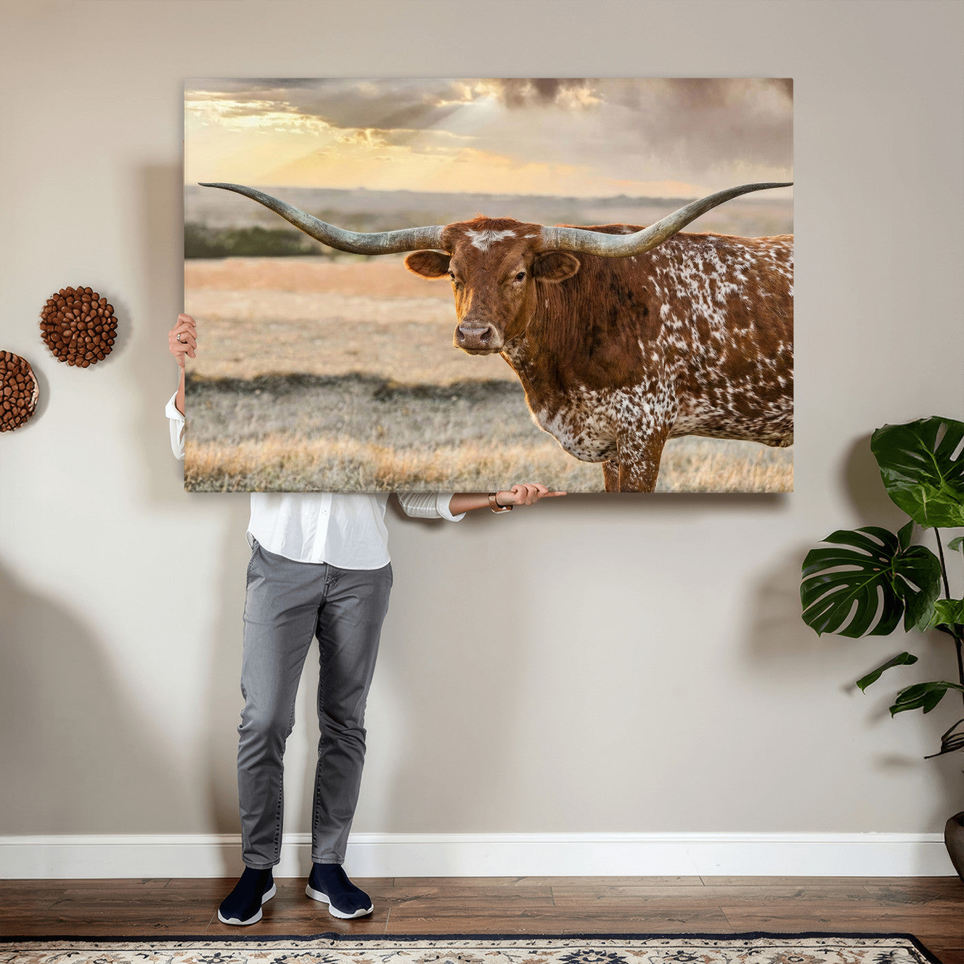 42715-MGV-CV-36X24 - Texas Longhorn Wall Art Canvas Print, Rustic Ranch Decor, Majestic Western Longhorn Cattle