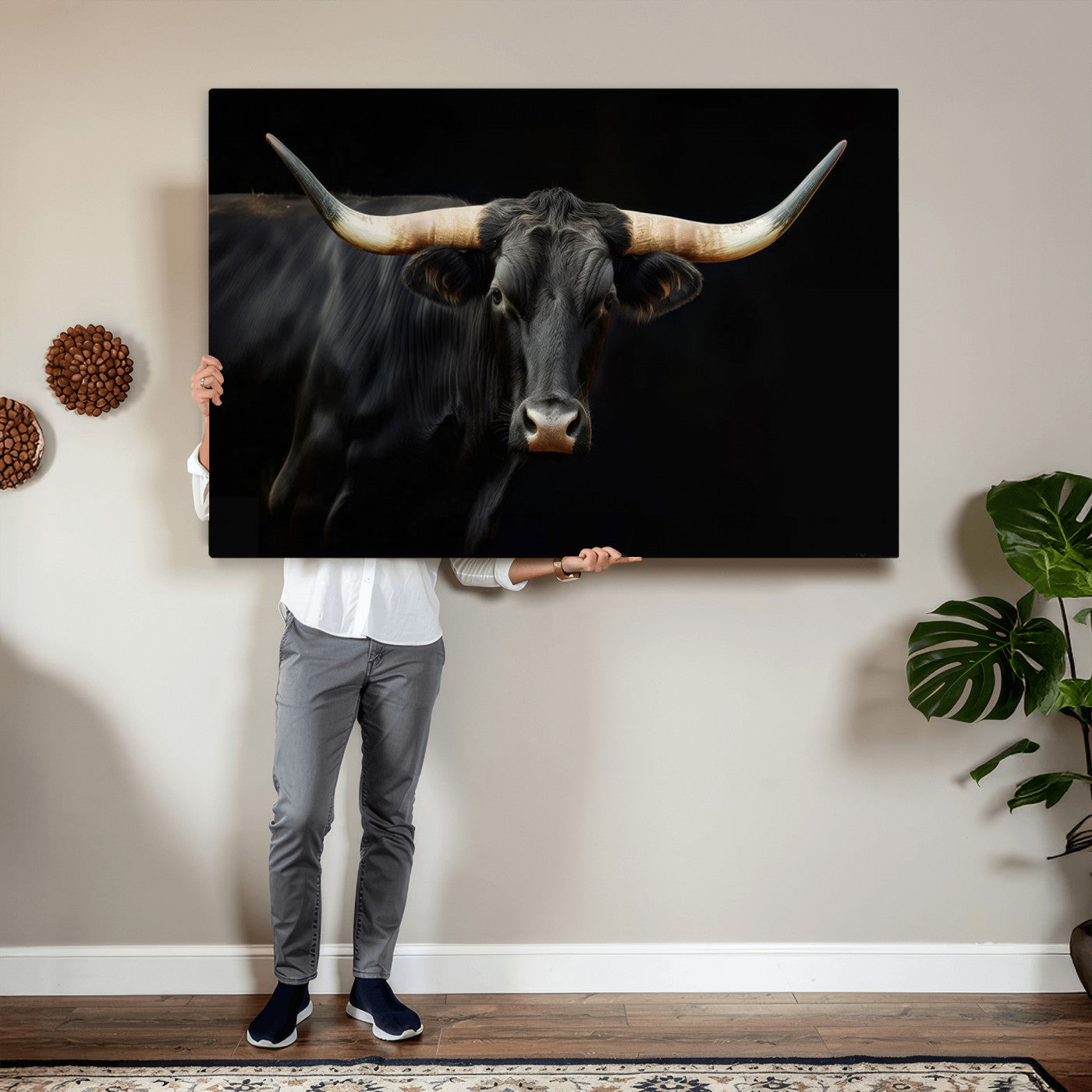 63798-MGV-CV-36X24 - Texas Longhorn Cow | Majestic Black Bull Wall Art Canvas Print - Farmhouse Animal Decor - Ready to