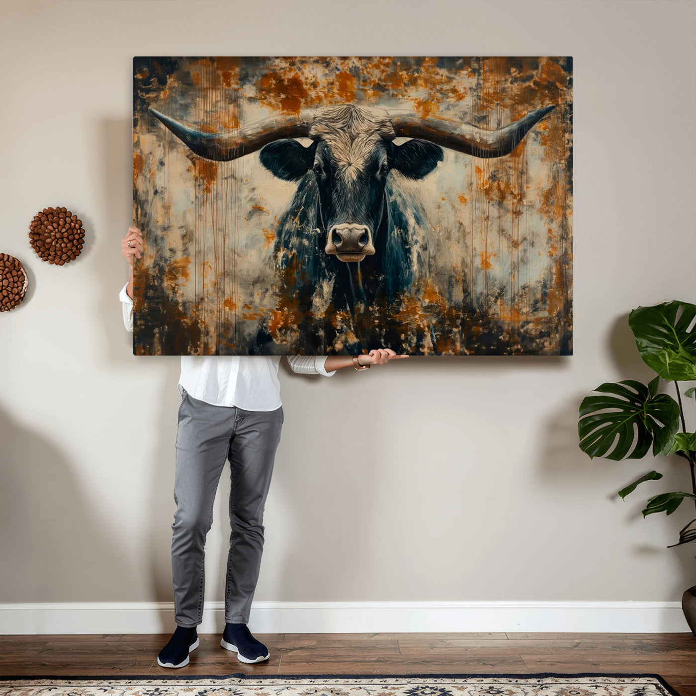 85913-MGV-CV-36X24 - Abstract Longhorn Bull Wall Art | Rustic Western Wall Decor | Framed and Ready to Hang | Ideal for