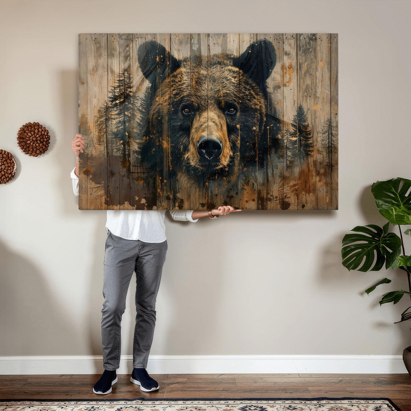 51373-MGV-CV-36X24 - Abstract 399 Bear Wall Art | Rustic Cabin Wall Decor with Forest Design for Farmhouse Wall Decor