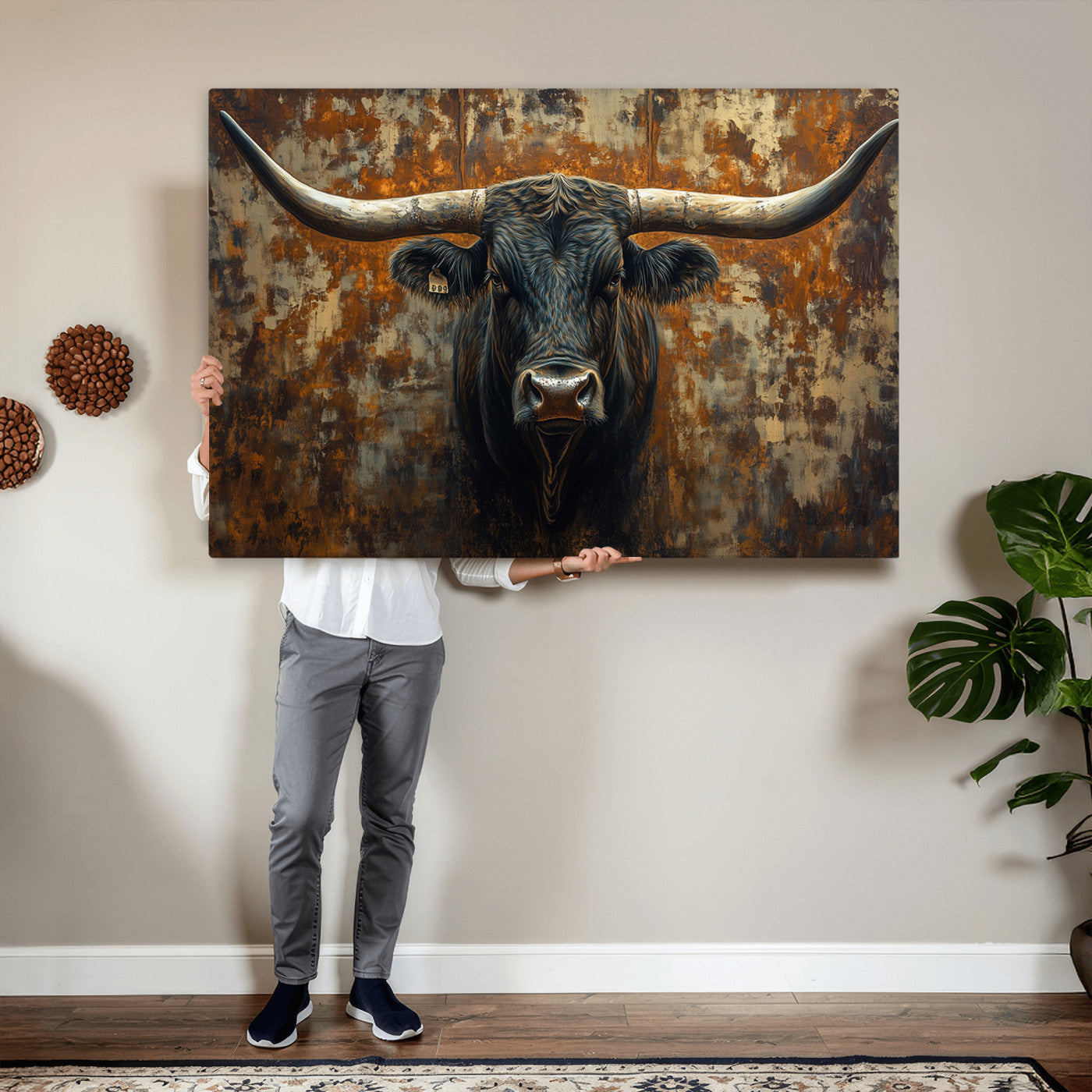 68068-MGV-CV-36X24 - Longhorn Texas Cow Bull Wall Art | Rustic Farmhouse Canvas Print | Ready to Hang Barn Decor for