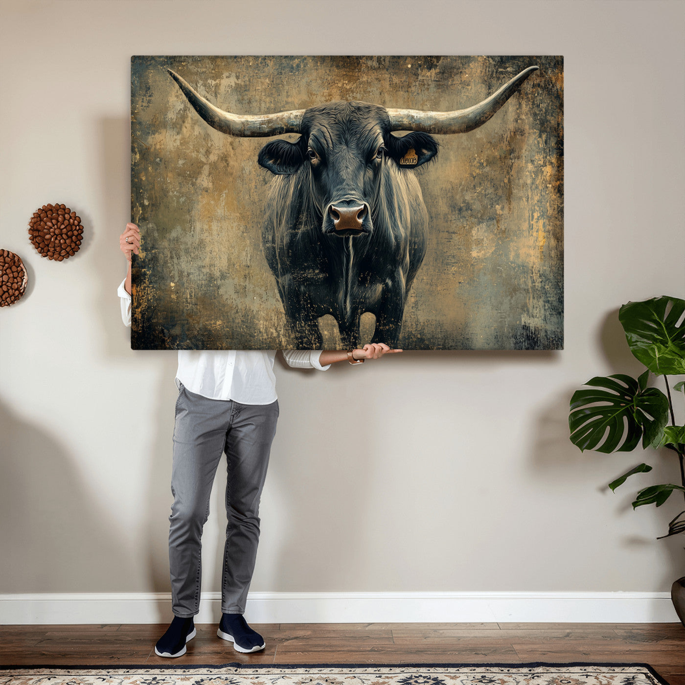57385-MGV-CV-36X24 - Longhorn Bull Wall Art Canvas Print, Framed Rustic Cow Art Picture Print, Texas Longhorn Perfect Western Decor Artwork