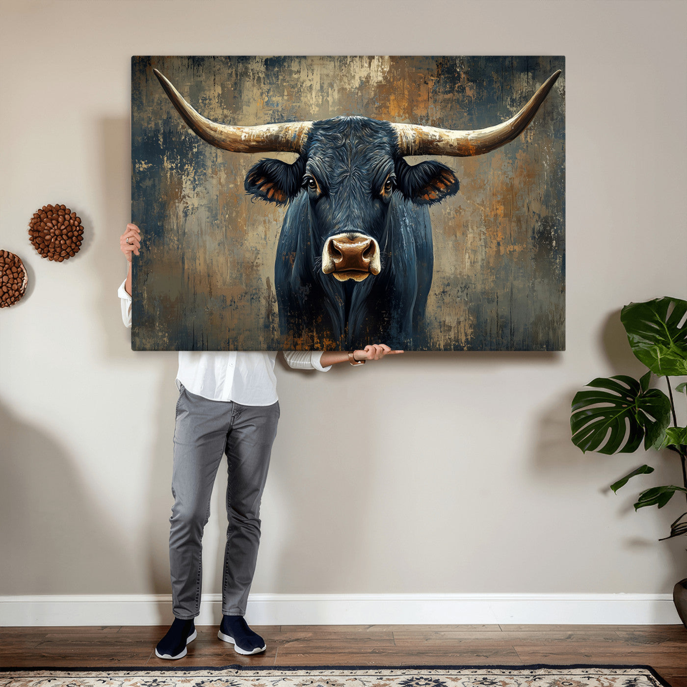 42026-MGV-CV-36X24 - Texas Western Wall Art Canvas Print - Abstract Cow Longhorn Bull Wall Art Canvas Print - Rustic Cow
