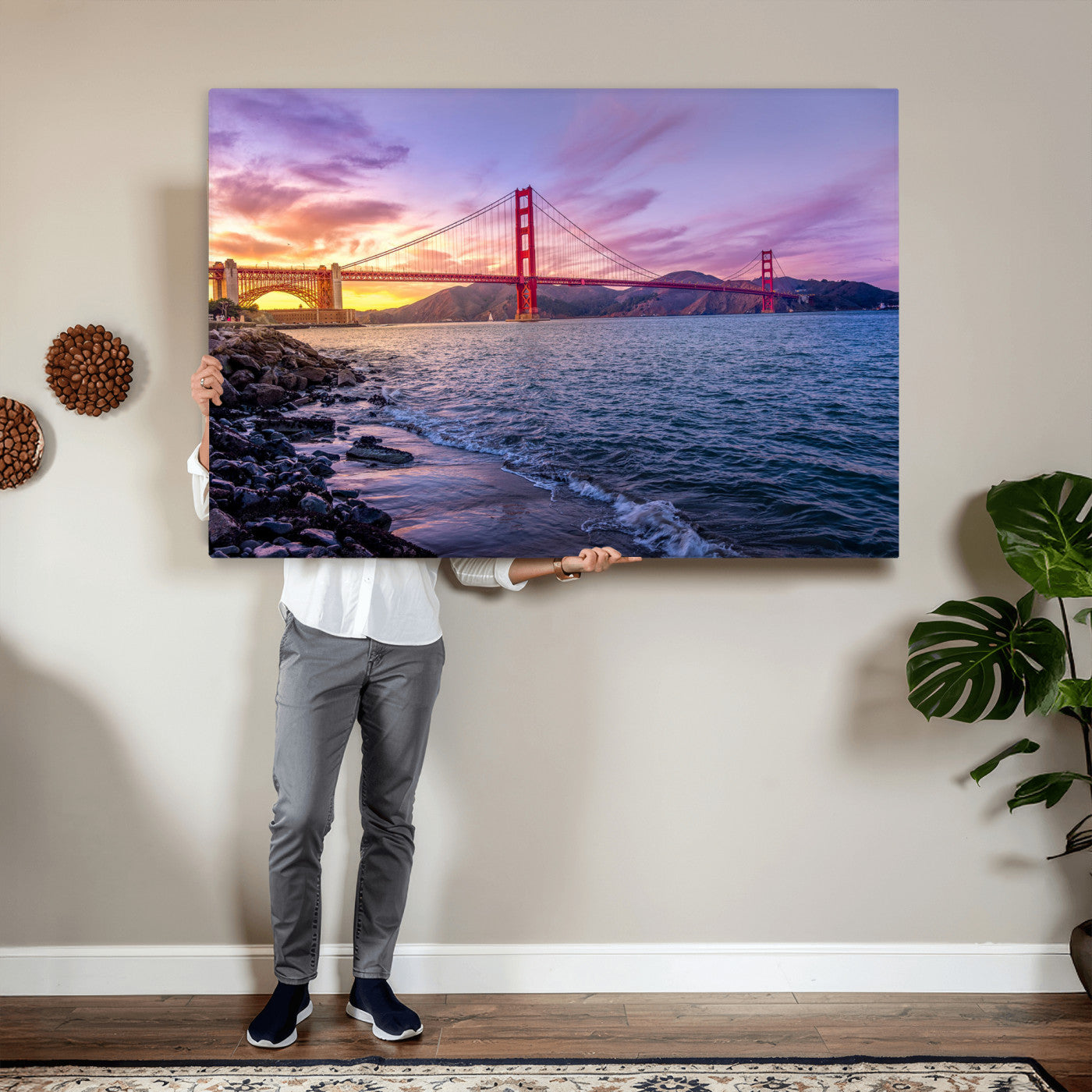 24256-MGV-CV-36X24 - Golden Gate Bridge Wall Art Print, San Francisco Sunset Canvas Wall Art, Cityscape Canvas Print for