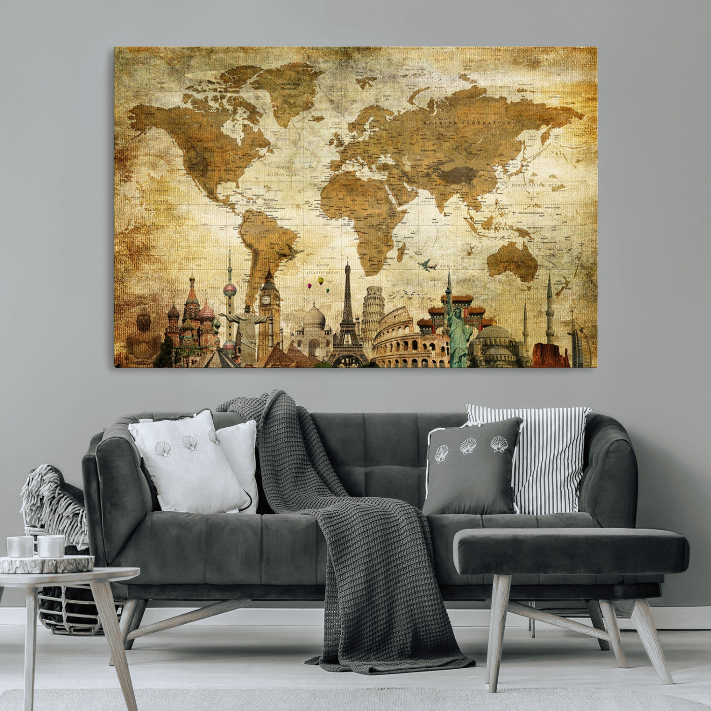 -Vintage World Map Canvas Wall Art – Framed Push Pin Travel Map with Famous Landmarks, Rustic Home and Office Decor Artwork for Travelers