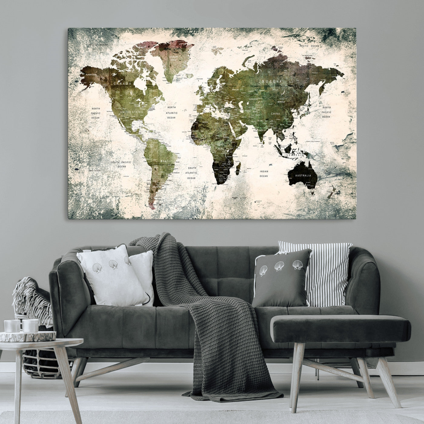 14328-MGV-CV-36X24-Push Pin World Map Canvas Print – Framed Travel Map Wall Art for Couples, Anniversary Gift, Modern Home or Office Decor