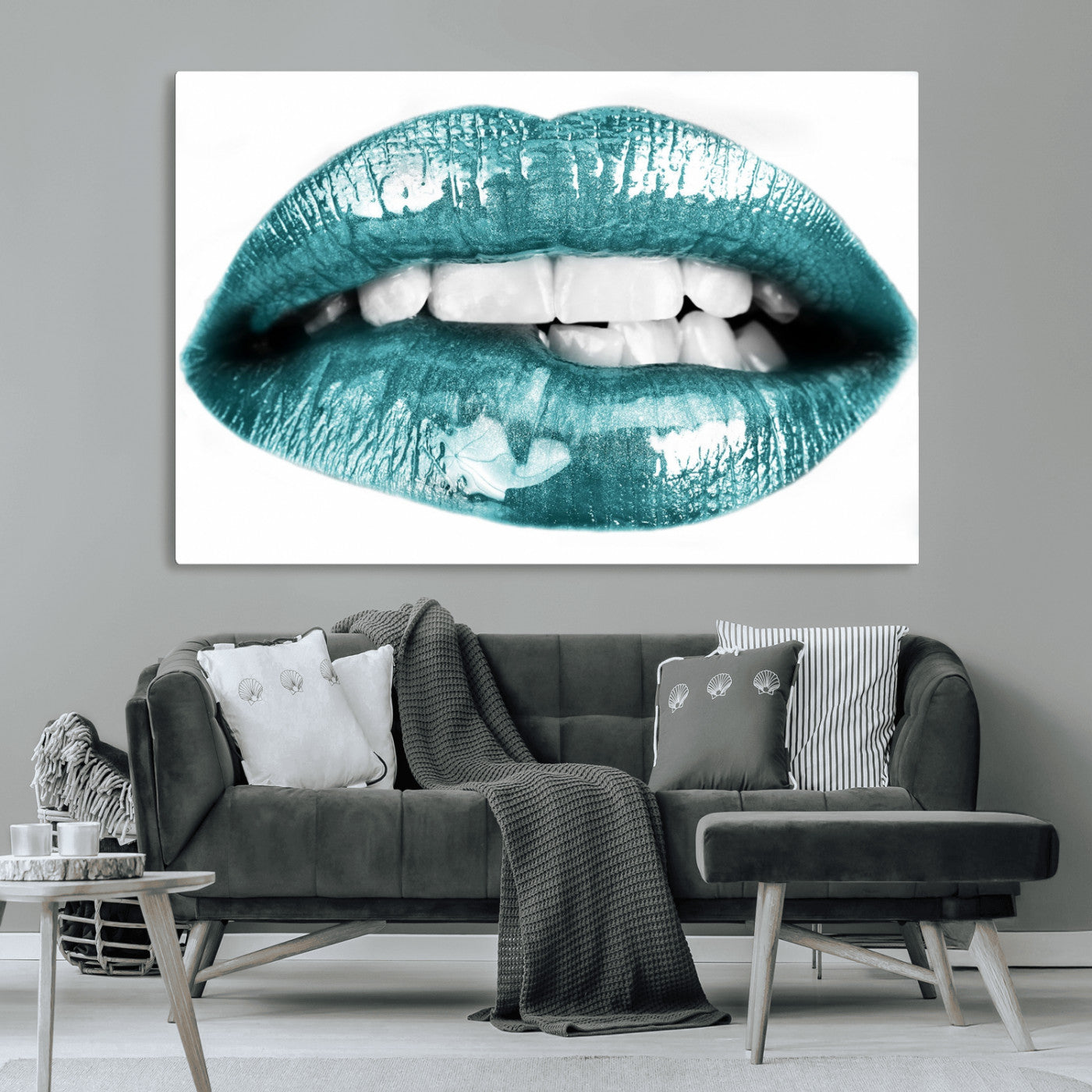 -Blue Lips Wall Art Canvas Print