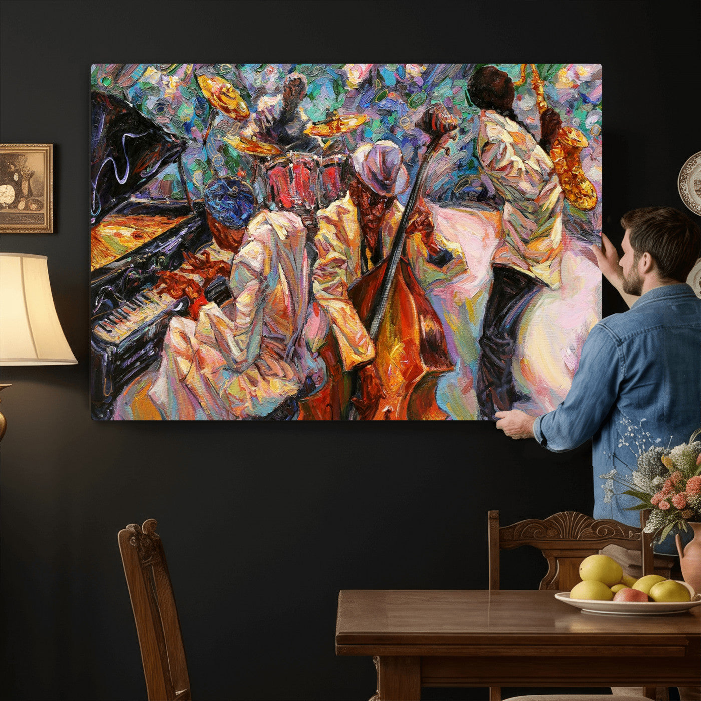 34929-MGV-CV-36X24 - African American Jazz Art Music Abstract Wall Art Painting Canvas Wall Art