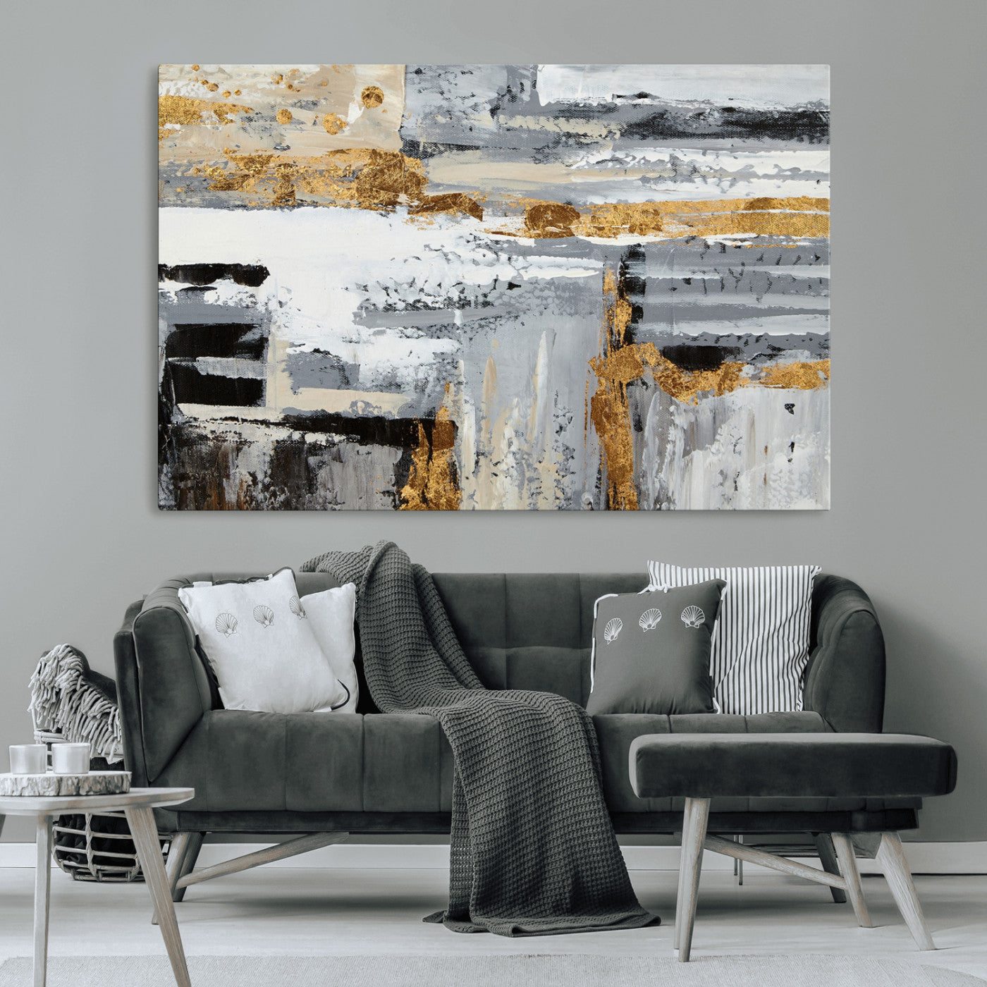 43177-MGV-CV-36X24-Abstract Painting Canvas Wall Art Print Paint Drip Art Brush Strokes Gray Artwork