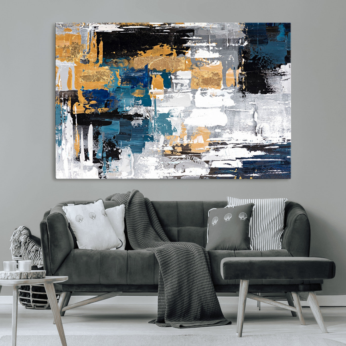57708-MGV-CV-36X24-Blue and Gold Abstract Canvas Wall Art – Triptych Modern Painting for Living Room – Framed and Ready