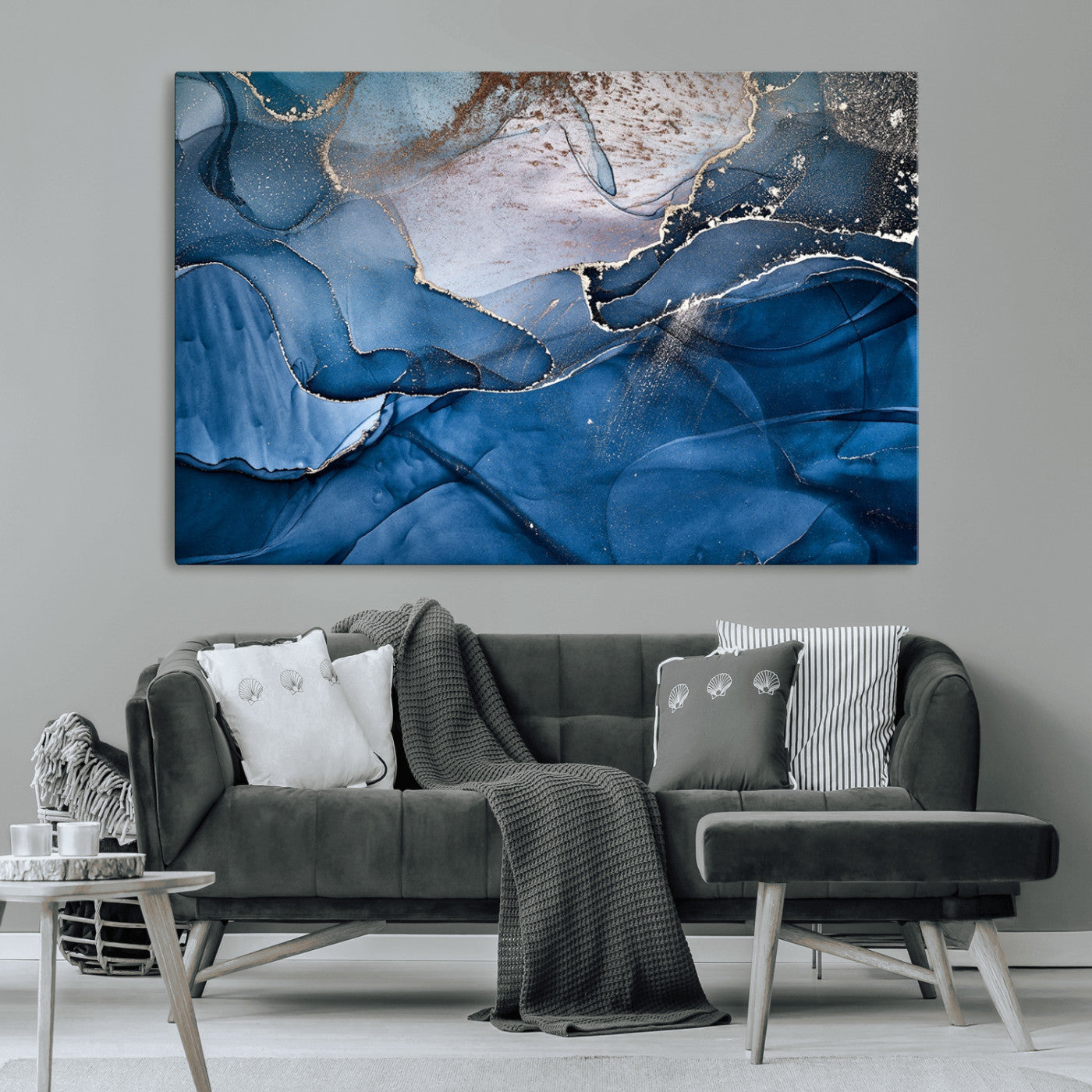 -Navy Blue Canvas Art Abstract Print – Elegant Triptych Modern Art Print – Contemporary Decor for Living Room or Office