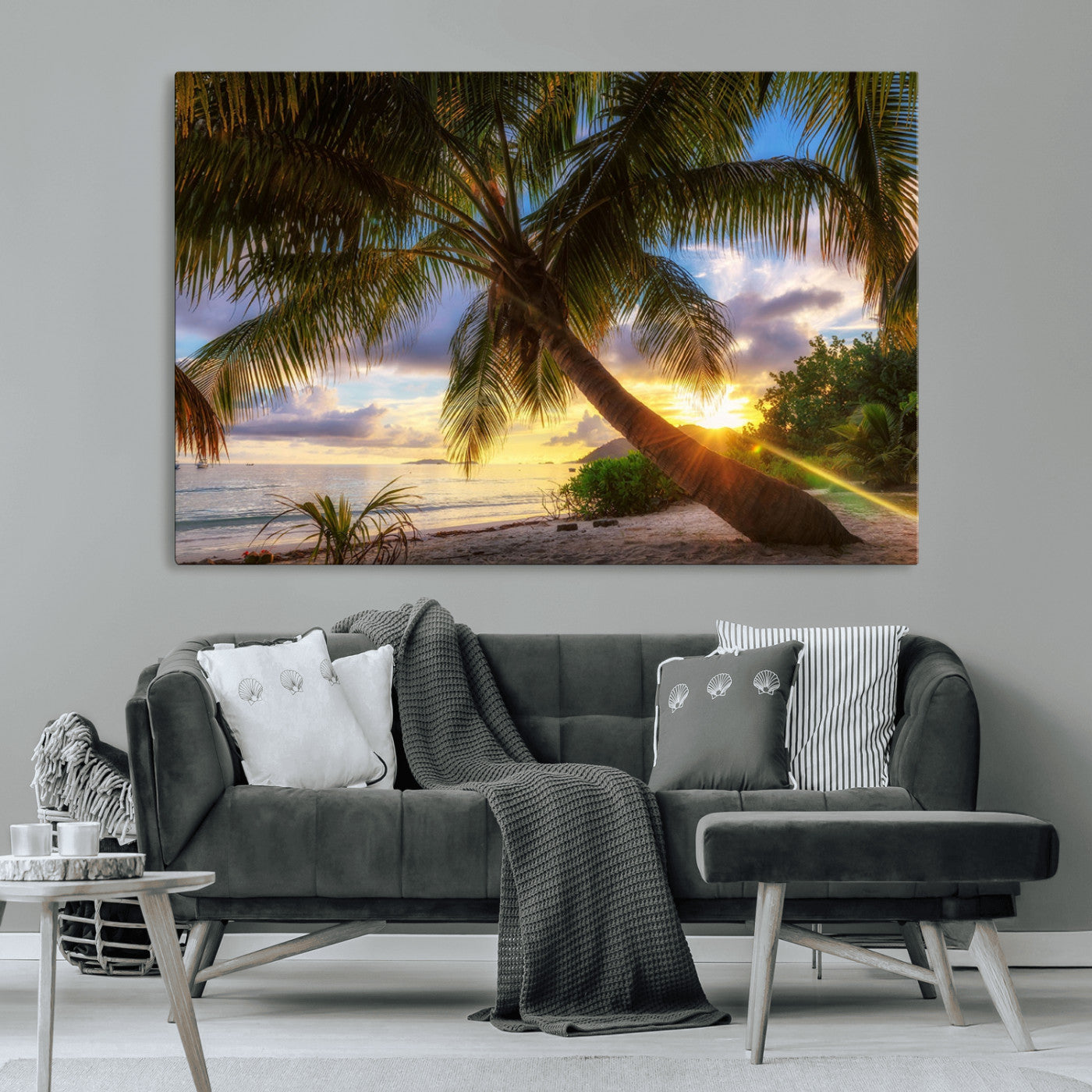 -Tropical Island Sunset on the Beach Palms Wall Art Canvas Print