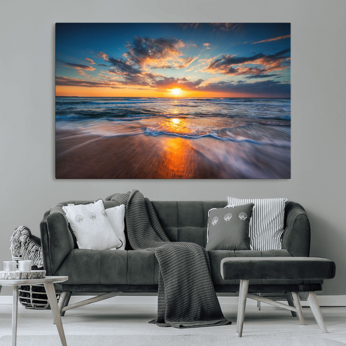 -Sunset on the Ocean Beach with Waves, Reflections on Sand, Coastal Wall Art Print, Beach Wall Art,