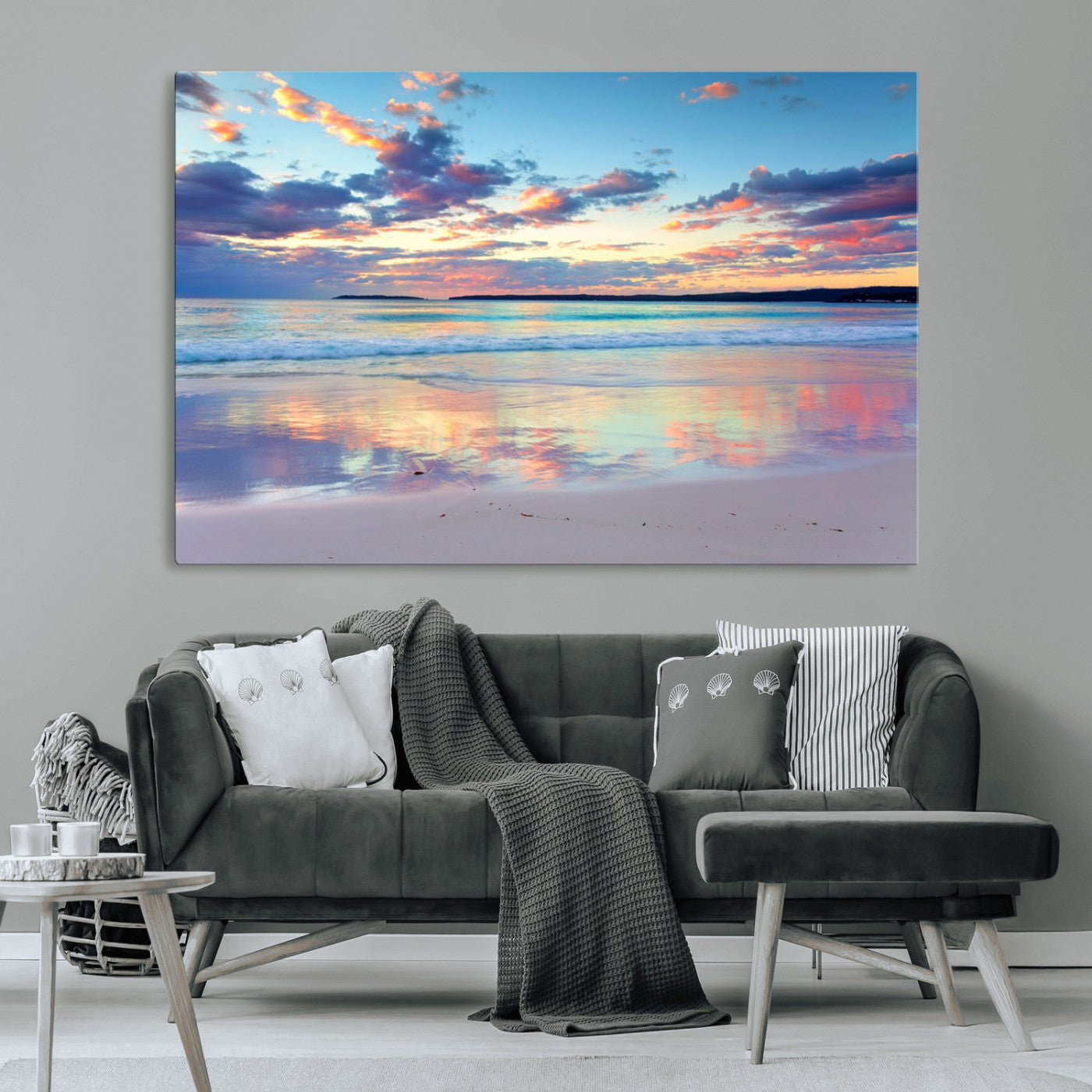 -Tranquil Pastel Sunset Beach Triptych Canvas Art, Soothing Coastal Ocean Shoreline Giclee Print,