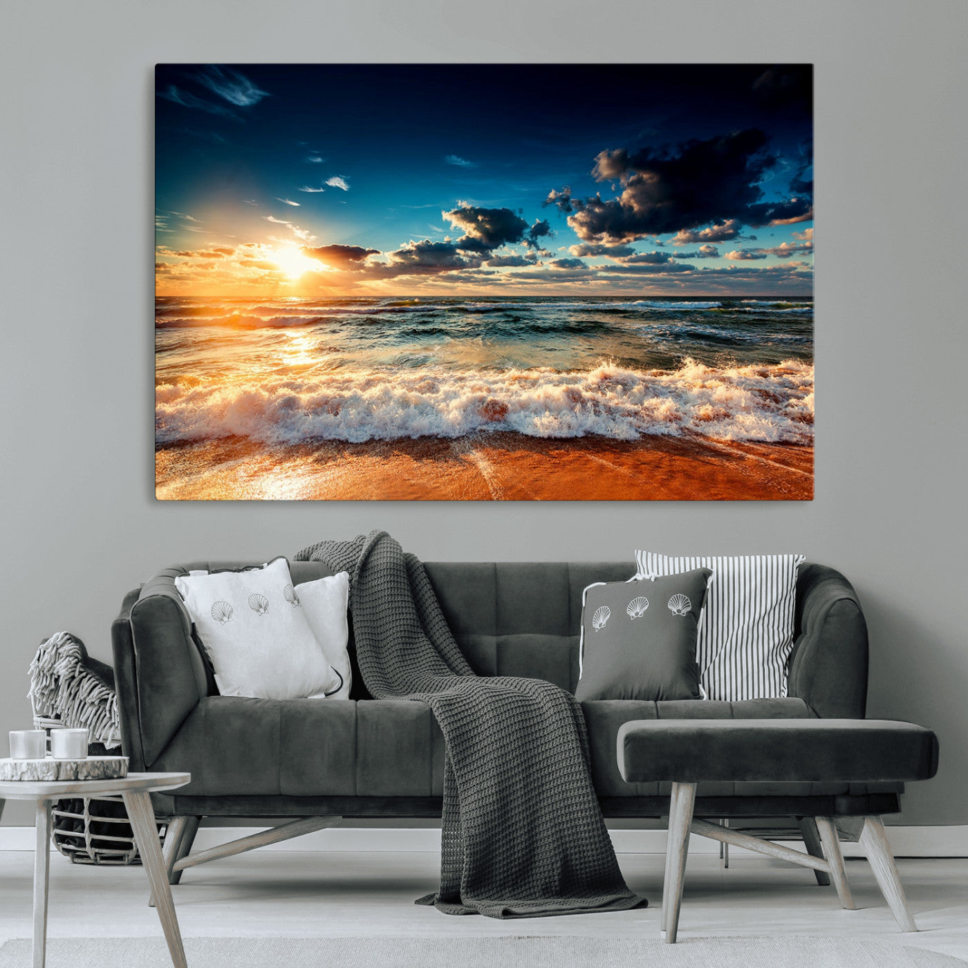 -Golden Hour Sunset Over Ocean Waves Wall Art Canvas Print | 3 Panel Coastal Landscape Canvas Wall
