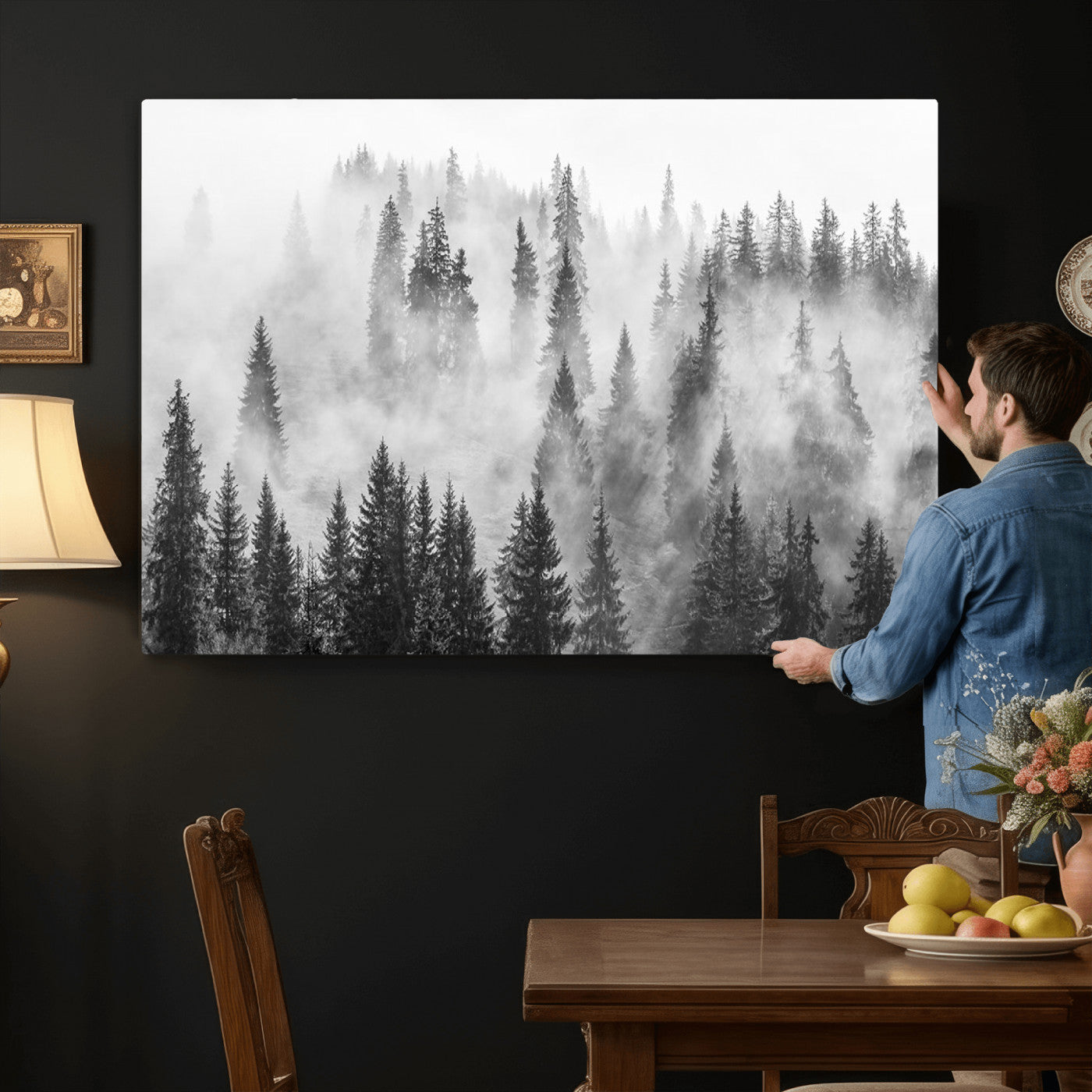 10422-MGV-CV-36X24 - Forest Wall Art Print | Foggy Pine Forest Canvas Wall Art - Black and White Nature Decor for Living