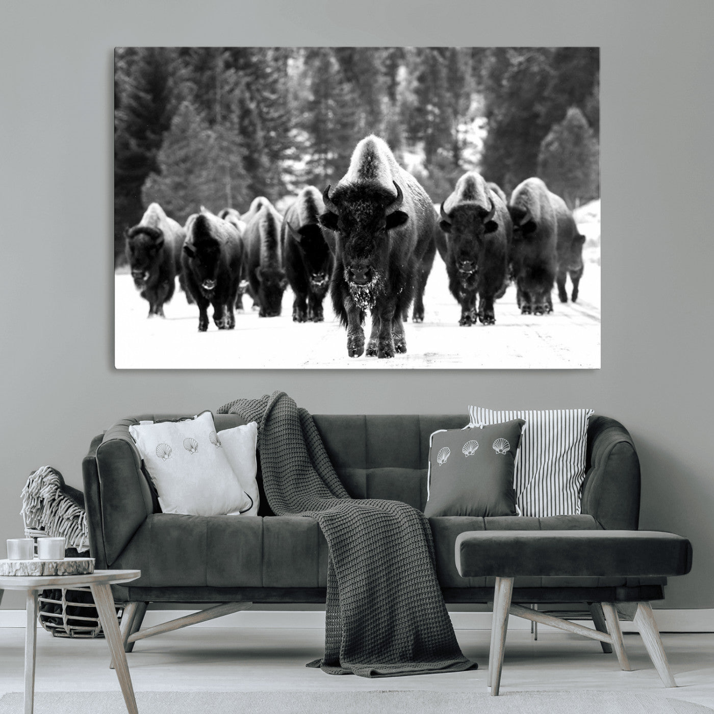62434-MGV-CV-36X24-Bison Herd in Snow Wall Art Canvas Print | Rustic Western Bison Wall Art for Decor for Living Room,