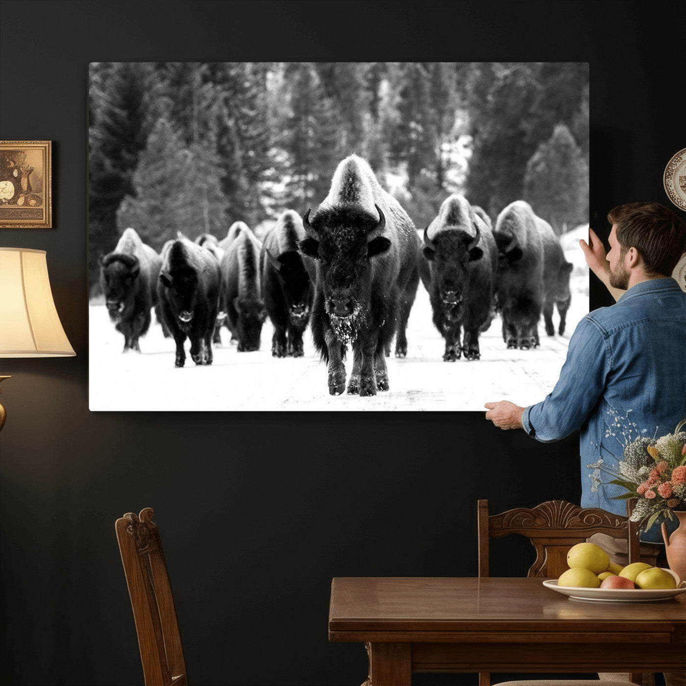 62434-MGV-CV-36X24 - Bison Herd in Snow Wall Art Canvas Print | Rustic Western Bison Wall Art for Decor for Living Room