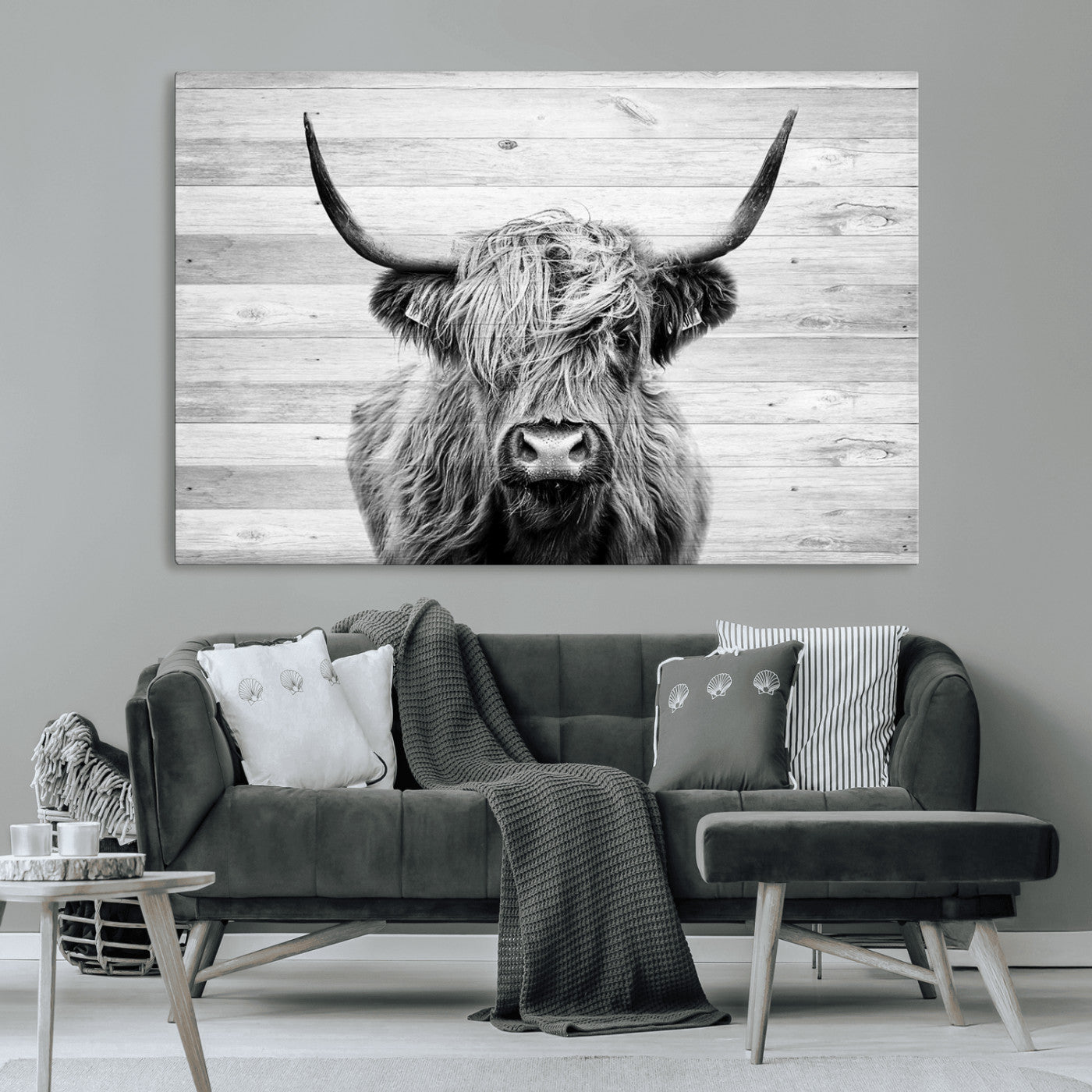 14634-MGV-CV-36X24-Scottish Highland Cow Cattle Art Print on Wood Background Style, Scottish Highland Cow Wall Art