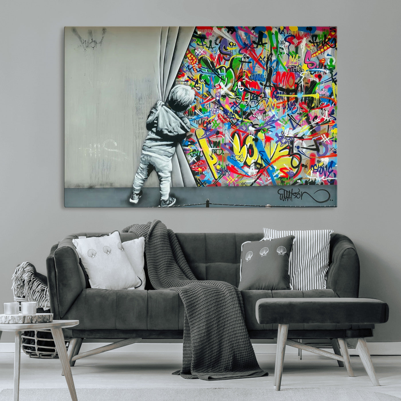 51713-MGV-CV-36X24-Banksy Colorful Street Graffiti Canvas Wall Art Print, Modern Art Triptych, Child and Graffiti Wall,