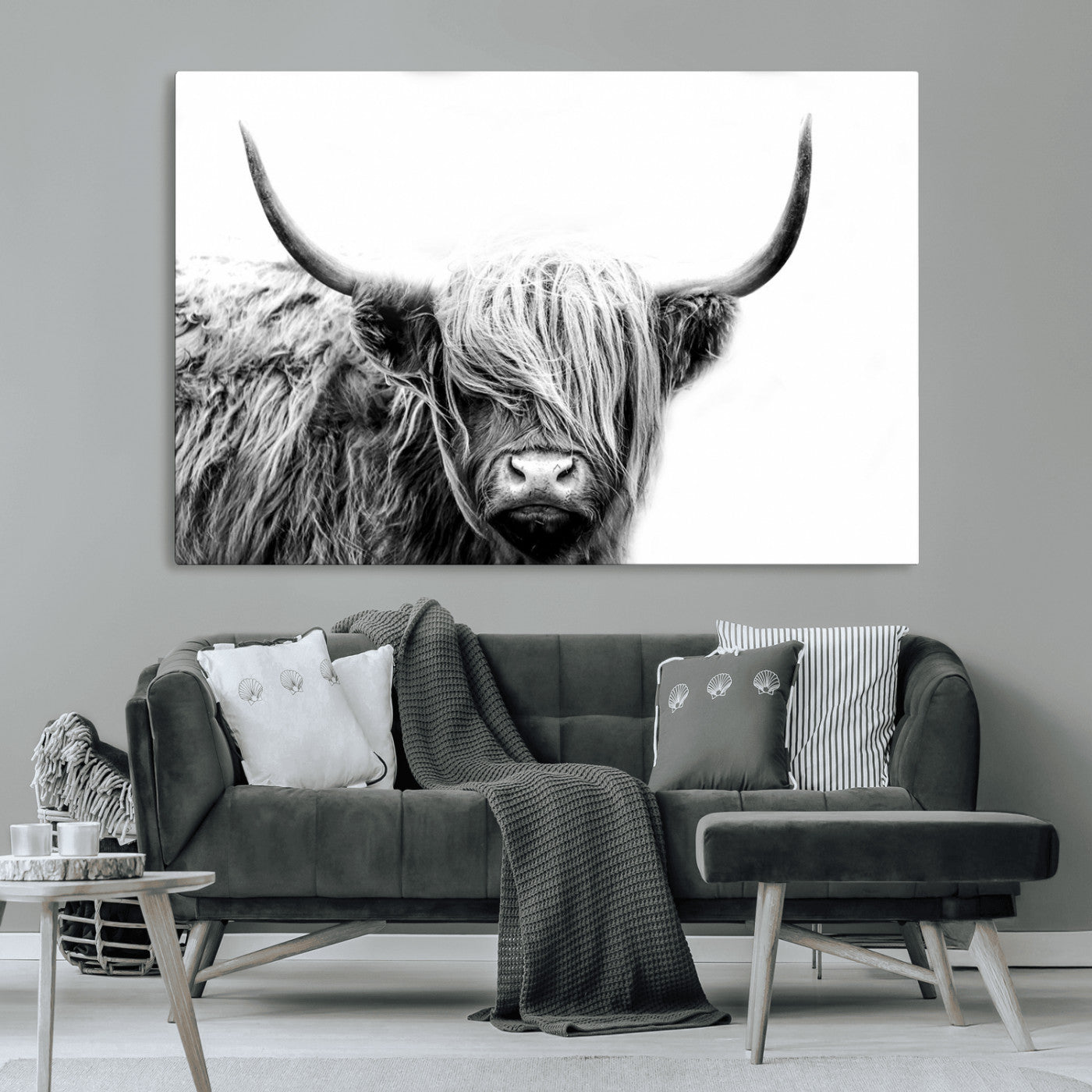 51957-MGV-CV-36X24-Black White Scottish Highland Cow Cattle Art Print Farmhouse Wall Art Canvas Print