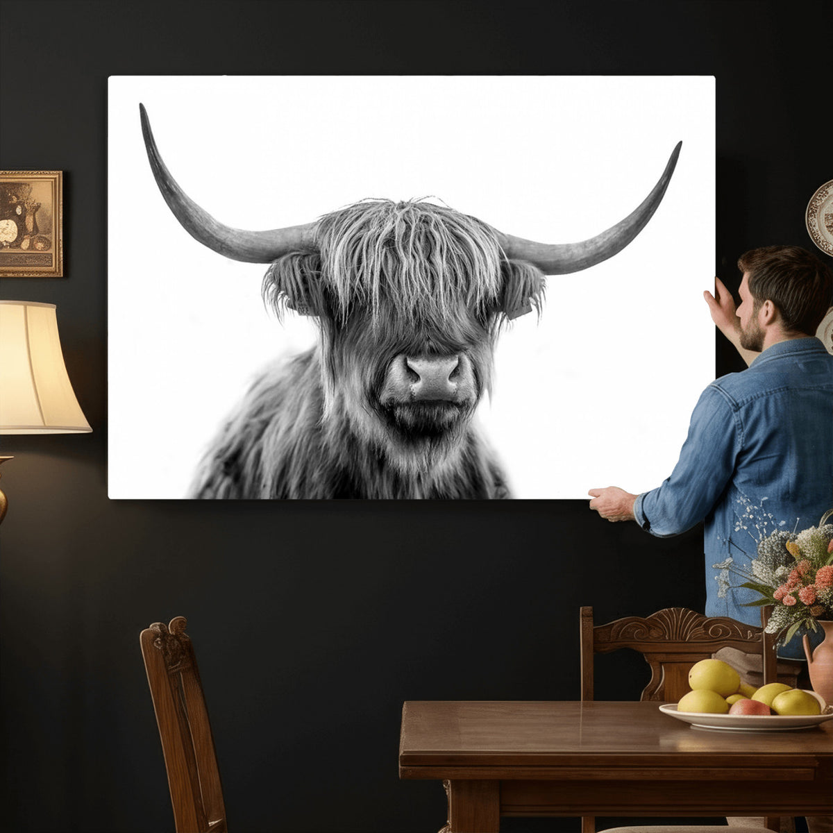 75503-_Poster-30x20 - Scottish Highland Cow Cattle Art Print Wall Art Canvas Print for Farmhouse Decor, Framed Scottish