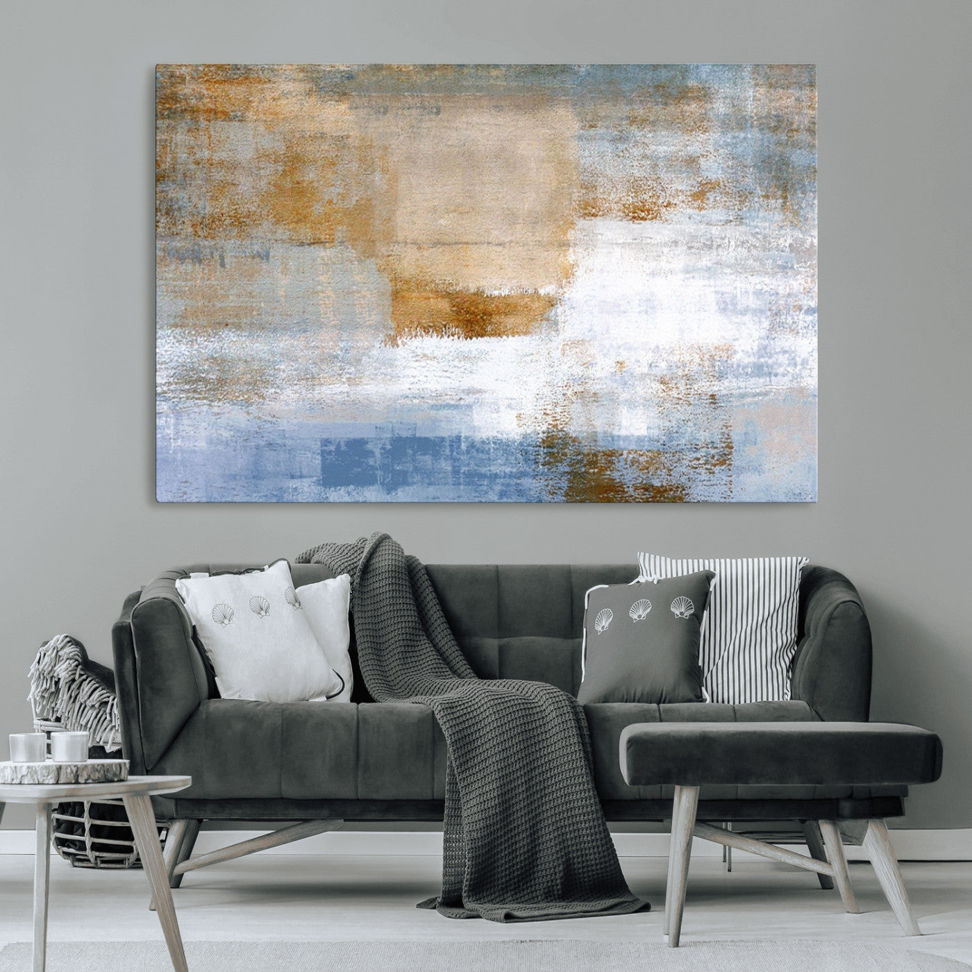 72354-MGV-CV-36X24-Blue Multi Panel Abstract Wall Art Canvas, Abstract Blue and Gold Canvas Print
